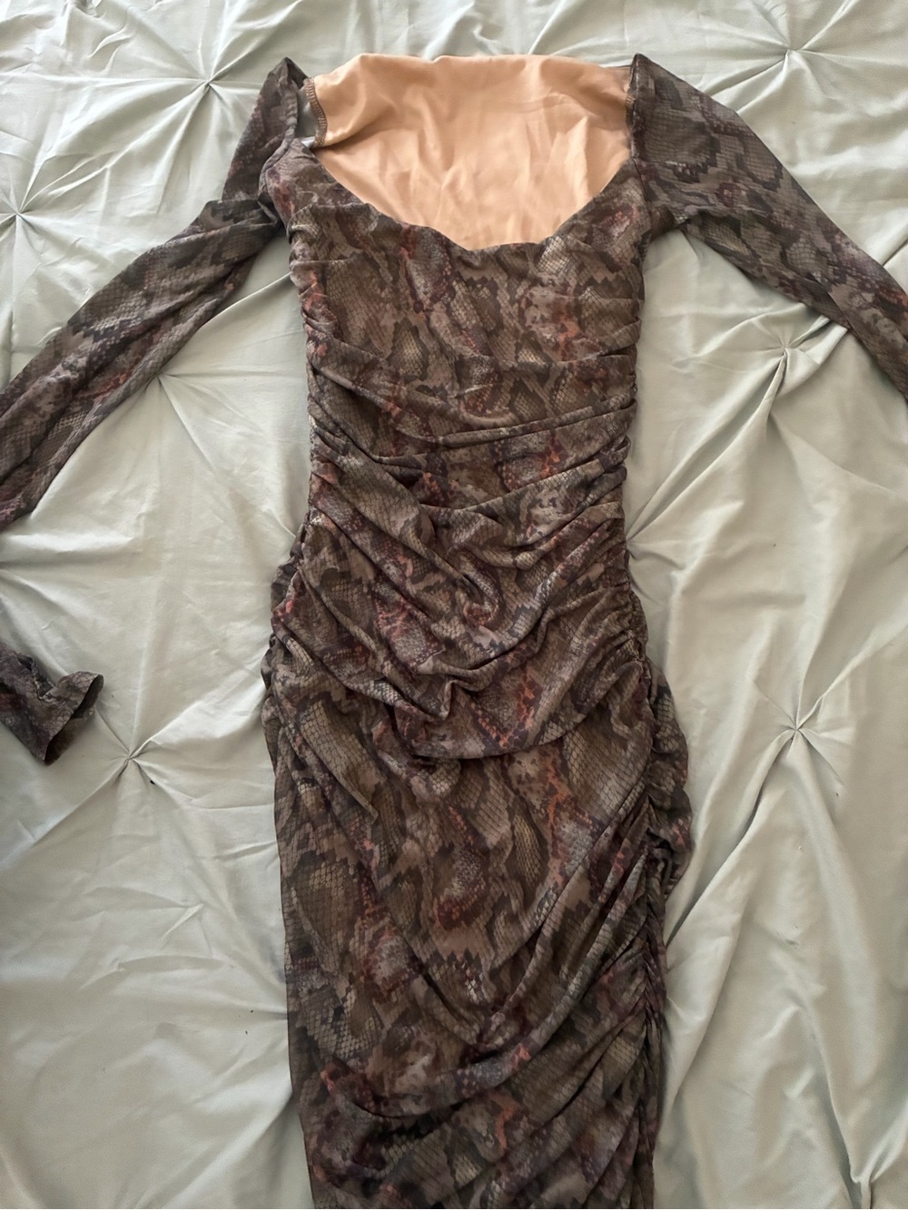 AFRM Brown Snake-Print Ruched Long Sleeve Bodycon Dress